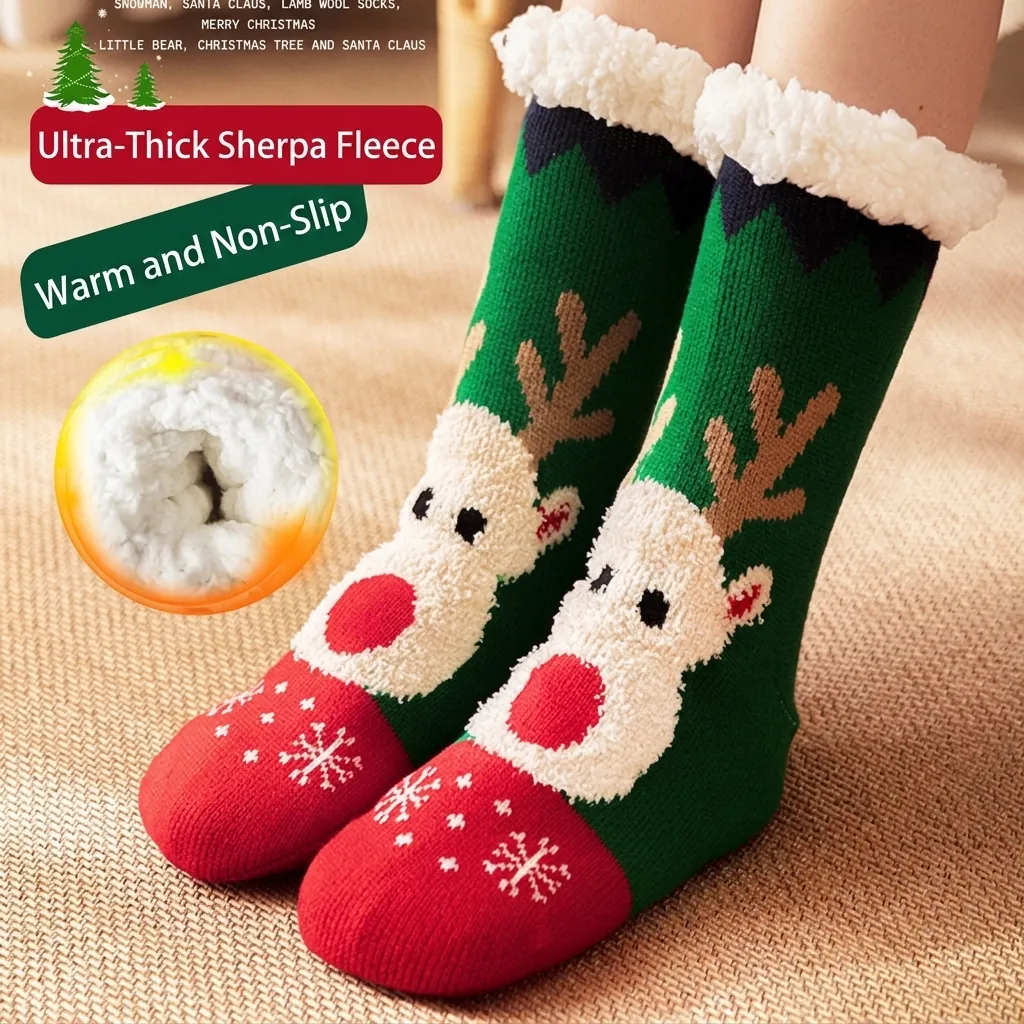 Christmas Floor Socks Thick Sherpa Fleece Lined Thermal Winter Home Non-Slip Indoor Reindeer Snowflake Patterned Fuzzy Socks
