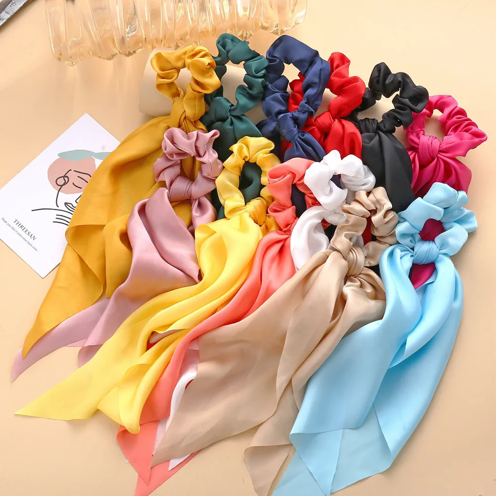 Women Satin Bow Tie Scrunchies Large Hair Ring Solid Color Silky Streamer Hair Ties Fashionable Ponytail Holder Hair Accessories