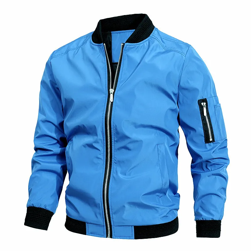 Men Business Casual Bomber Jacket Stand Collar Windproof Polyester Jacket Solid Color Zipper Outerwear For Spring Autumn
