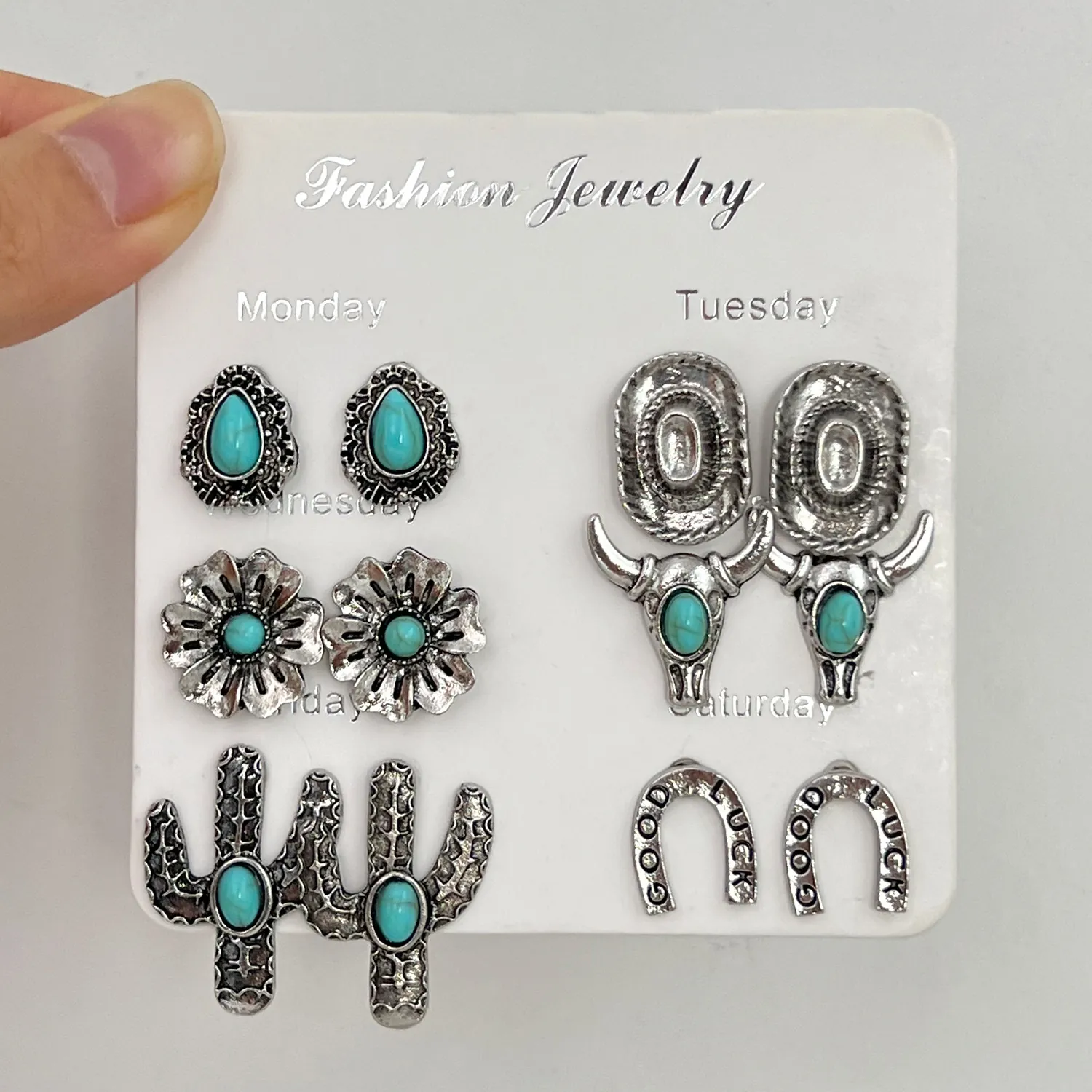 Vintage Western Legierung Türkis Ohrstecker Set Für Damen 6 Paar Retro Stierkopf Kaktus Blume Good Luck Hufeisen Schmuck