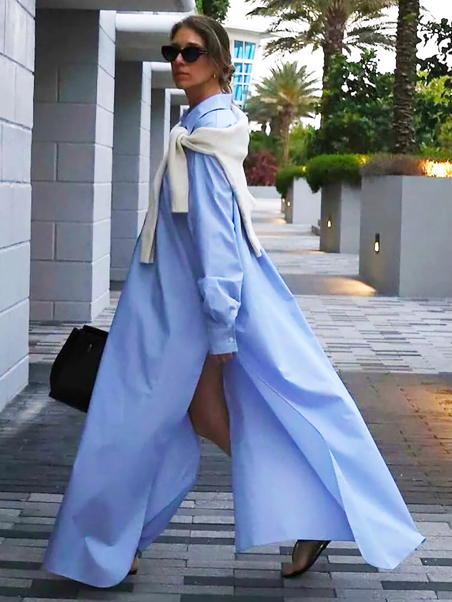 French Style Women Long Shirt Dress Cotton Blend Long Sleeve Side Slit Maxi Dress Casual Beach Sun Protection Dress For Women