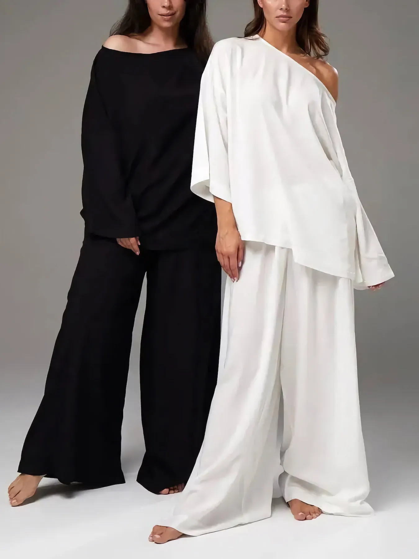 Femmes Minimaliste Français Lounge Haut Et Bas Oversize Ample Décontracté Tenue De Maison Polyester Patchwork Pyjama Manches Longues