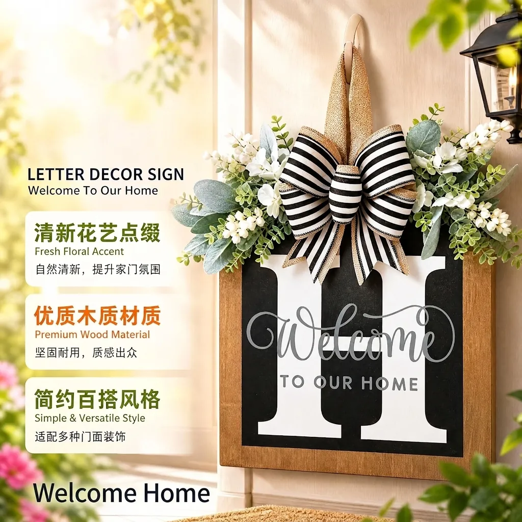 Personalized Alphabet Wooden Welcome Sign For Front Door Rustic Home Decor With Floral And Bow Wall Hanging Decoration