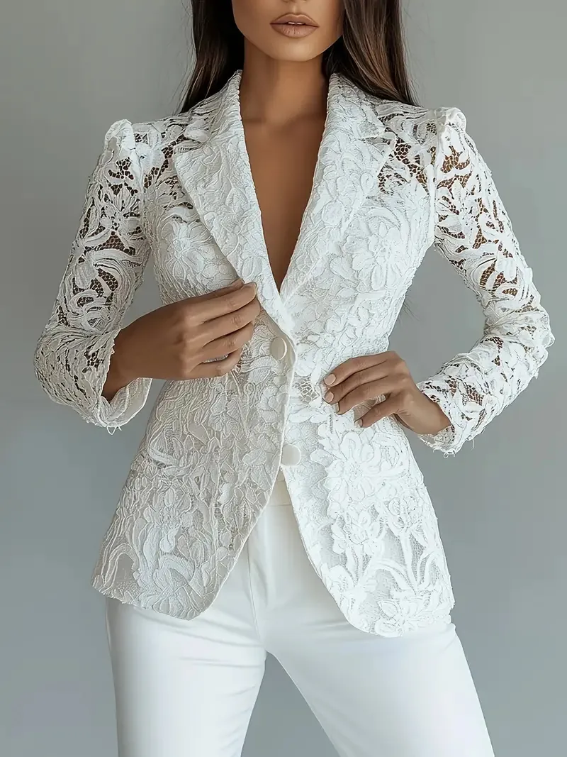 Giacca Blazer in Pizzo Elegante da Donna con Scollo a V Trasparente Floreale a Maniche Lunghe Cappotto Casual