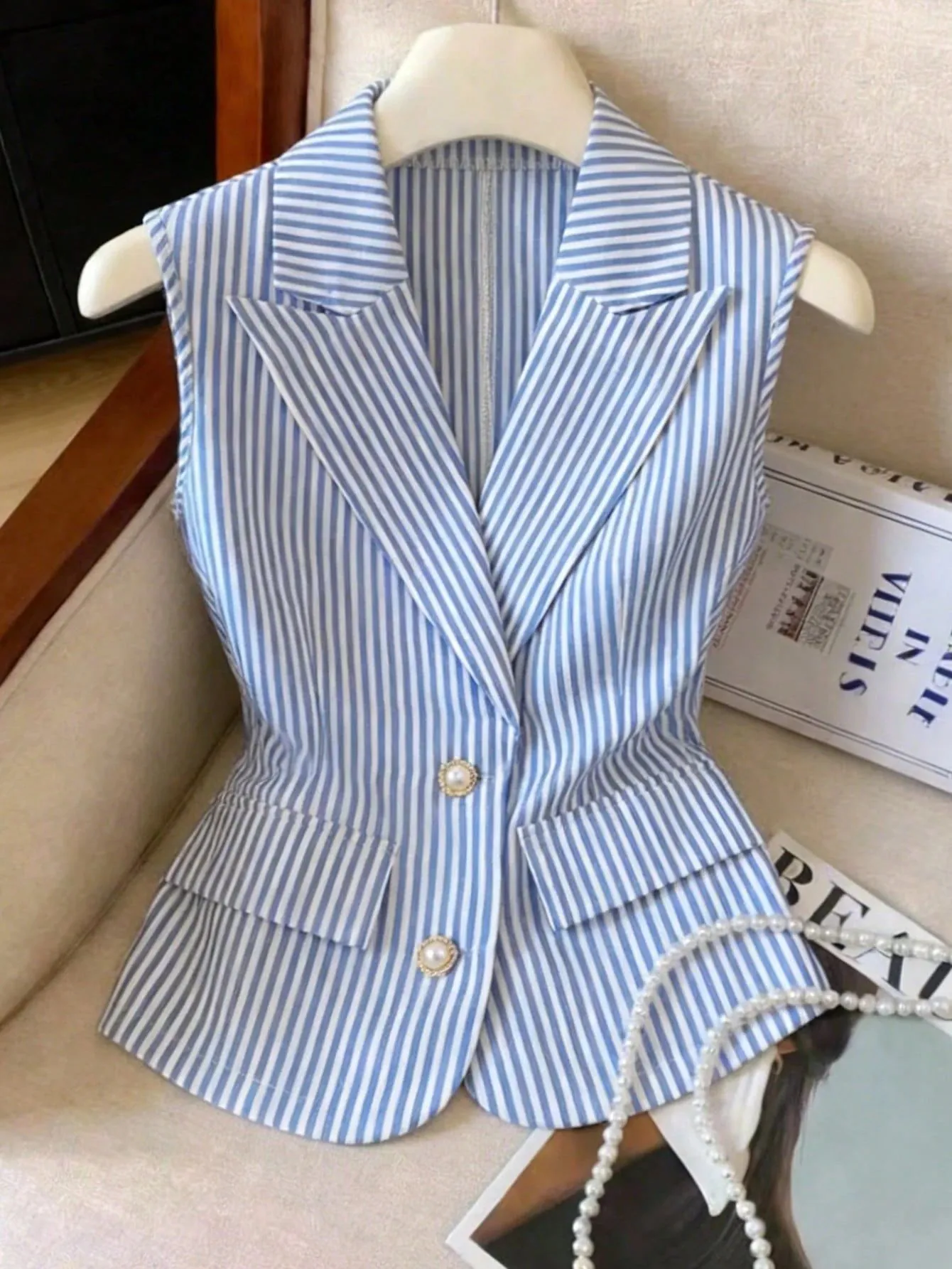 Top Camicia Senza Maniche a Righe da Donna Camicetta in Poliestere Slim Fit Con Bottoni in Perle Artificiali Gilet Estivo Donna