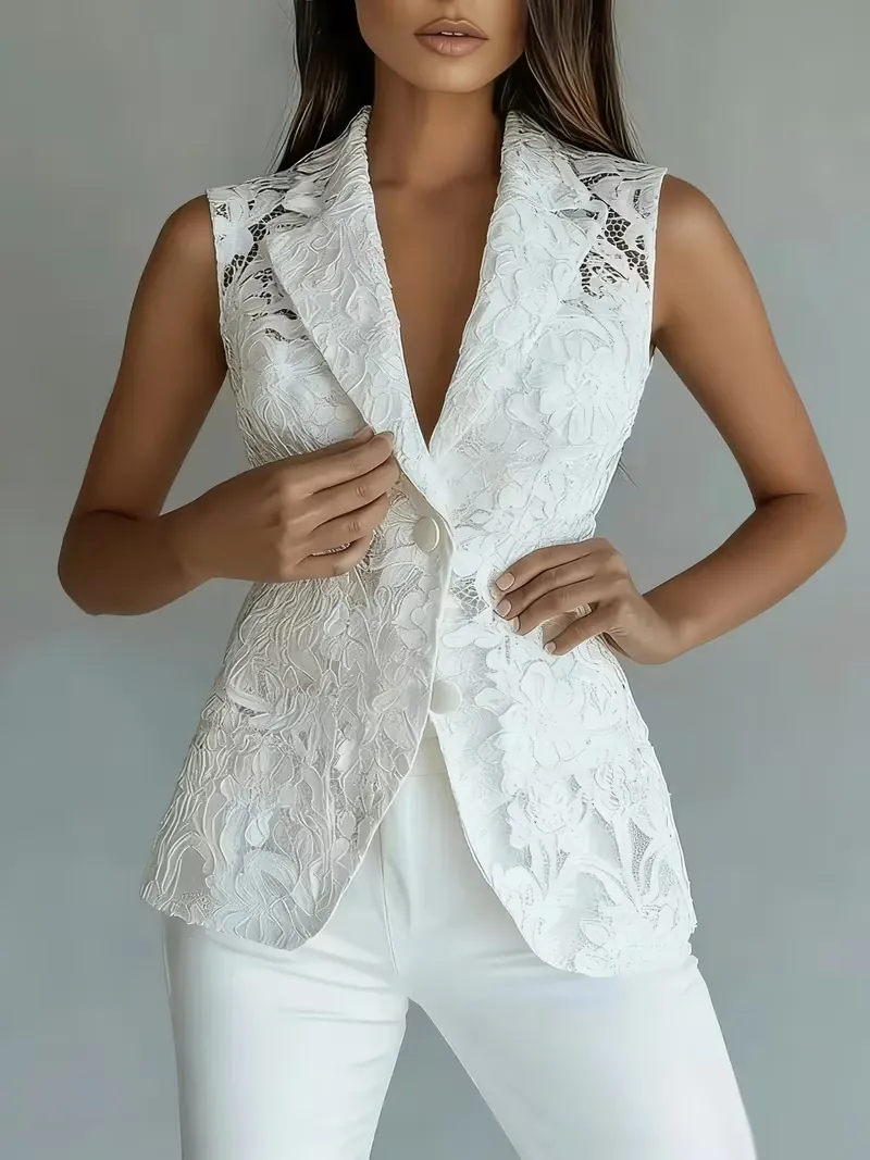 Damen Elegant Spitze Ärmellos Blazer Weste Reverskragen Einreihig Slim Fit Weste Büro Commute Style Top