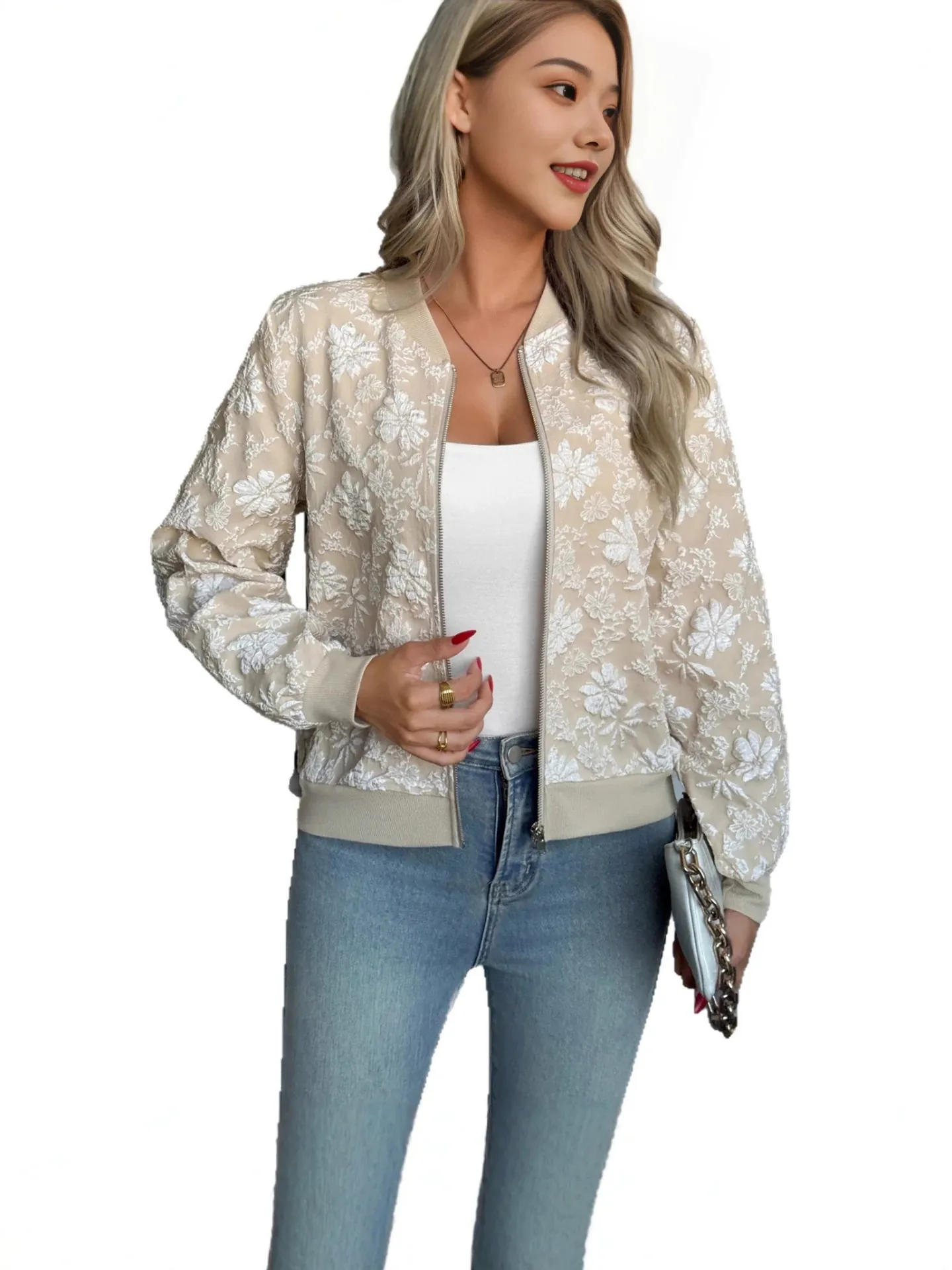 Giacca Bomber da Donna Stile Lussuoso con Jacquard Floreale Corta Casual con Cerniera Capispalla Vintage Primavera Autunno