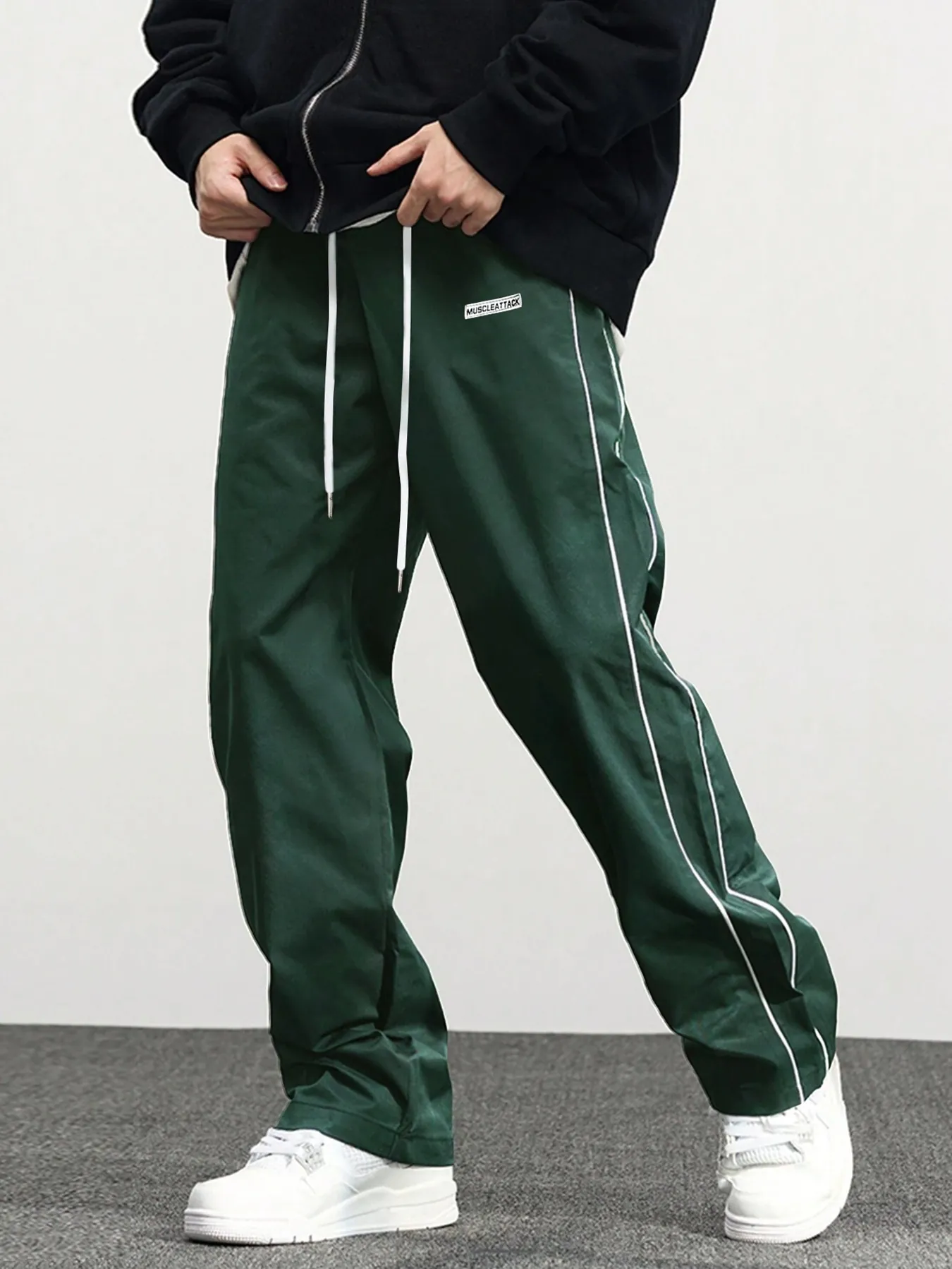 Men European High Street Woven Joggers Polyester Side Stripe Drawstring Pockets Vintage Casual Straight Leg Pants Bottom