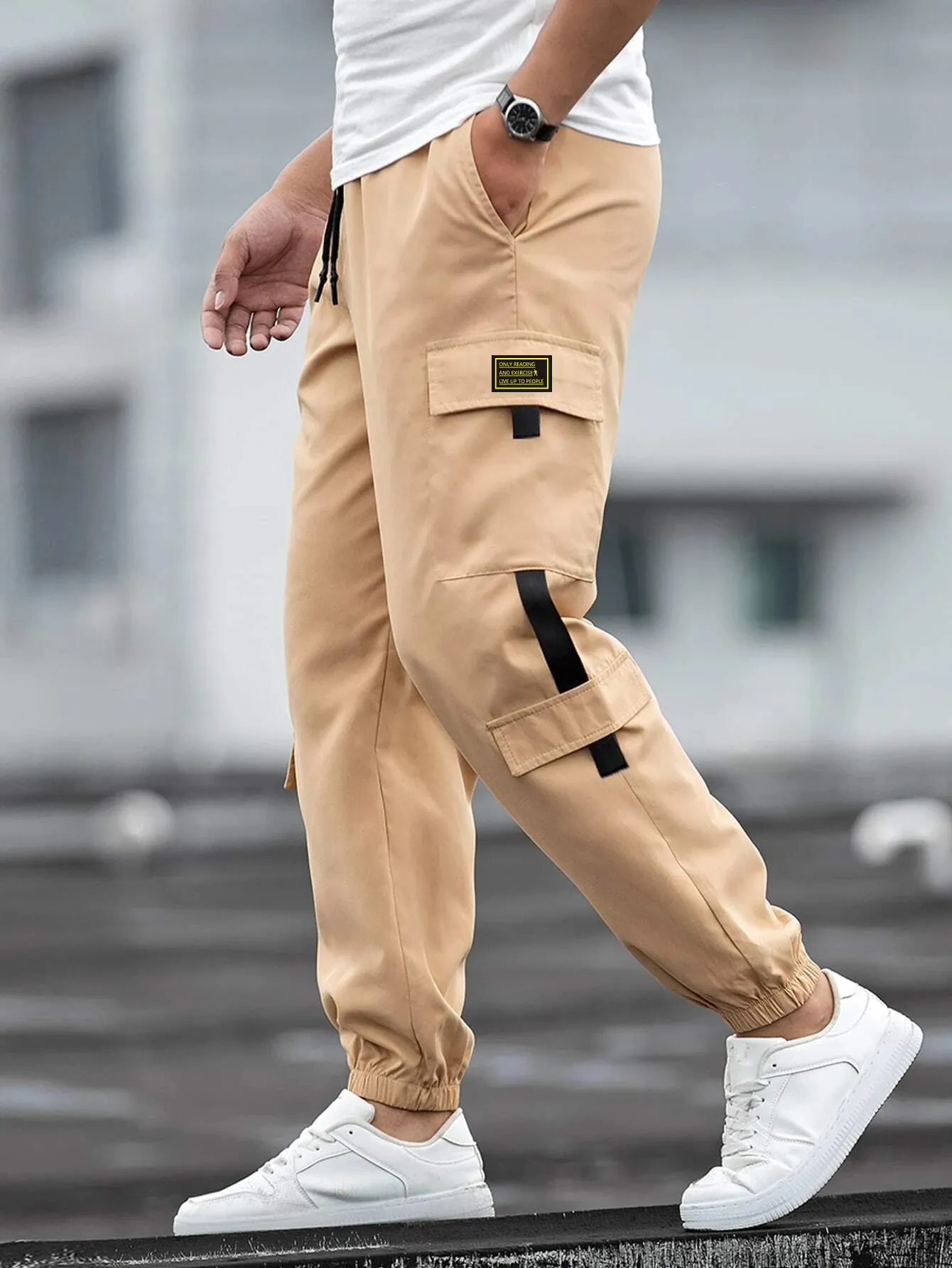 Men's High Street Cargo Jogger Pants Retro Casual Multi-Pocket Drawstring Cuffed Trousers Solid Polyester Tapered Bottom