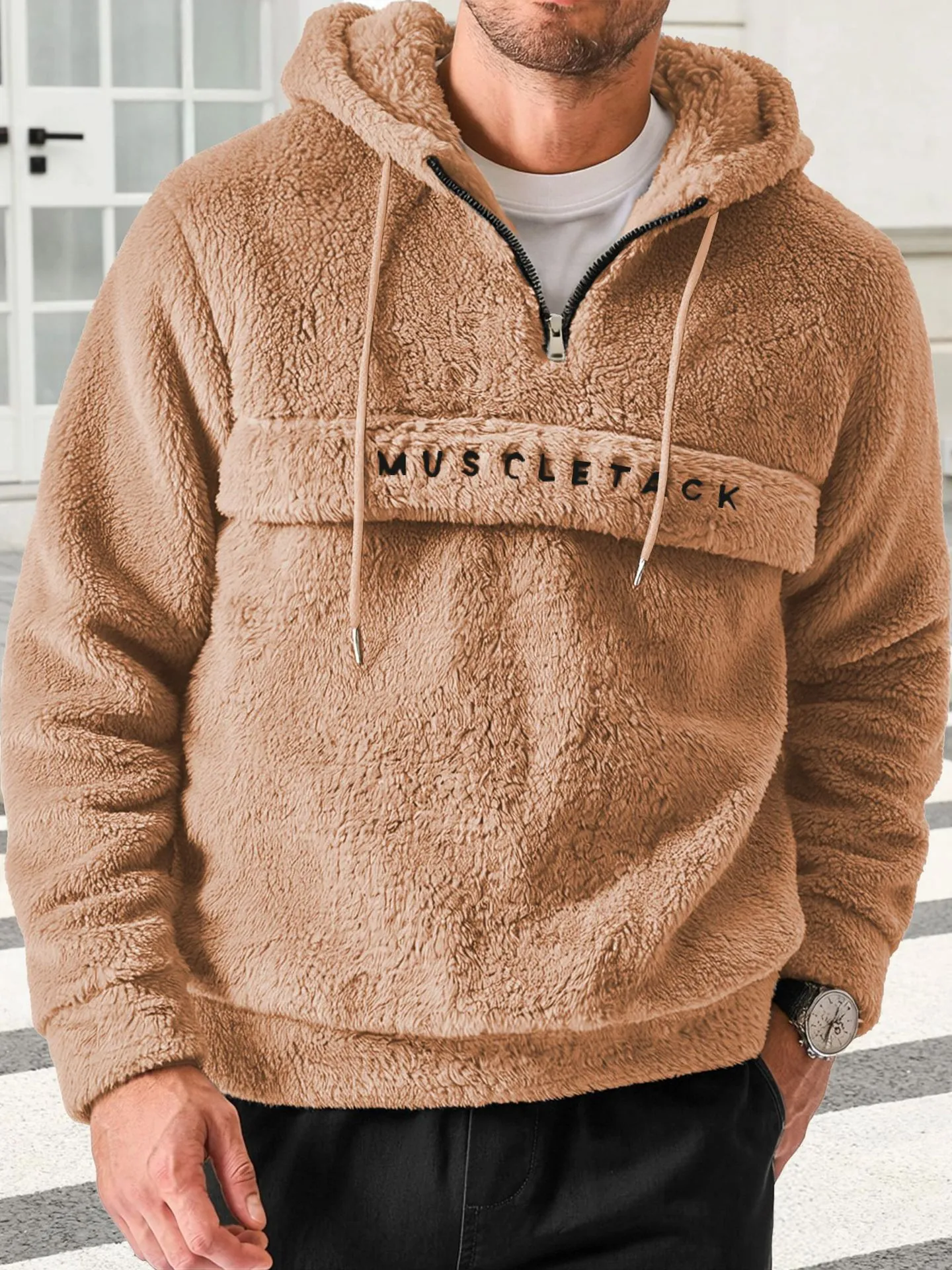 Men Casual Polyester Fleece Hoodie Printed Letter Half Zip Drawstring Pullover Sweatshirt Winter Warm Loose Fit Male Top