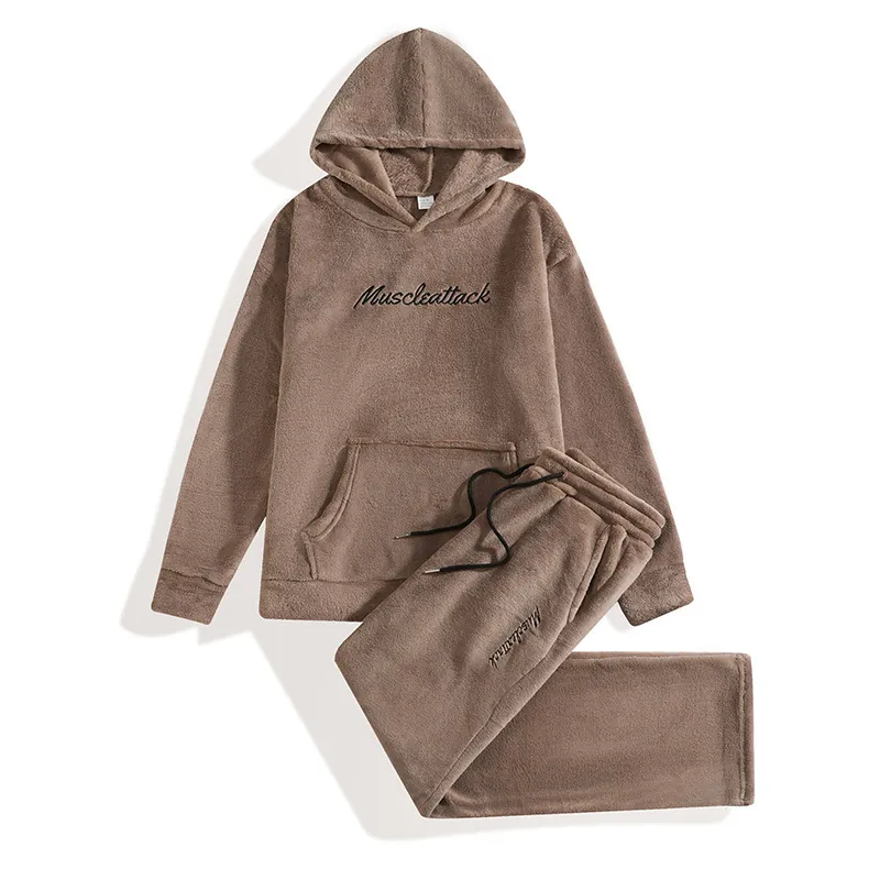 Men Plush Loungewear Set Muscleattack Embroidery Hooded Fleece Pajamas Autumn Winter Thickened Warm Home Wear Top And Bottom