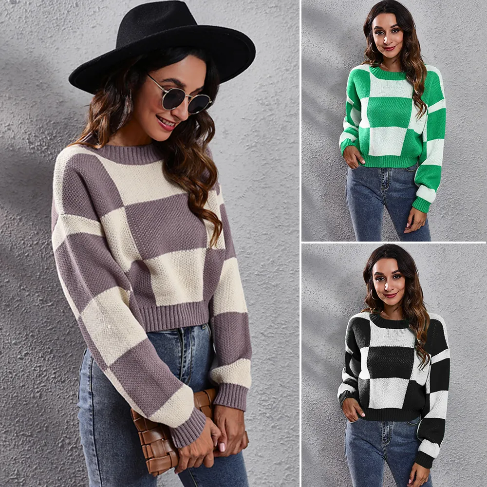 Women Checkerboard Pattern Cropped Sweater Loose Knit Pullover Drop Shoulder Long Sleeve Top
