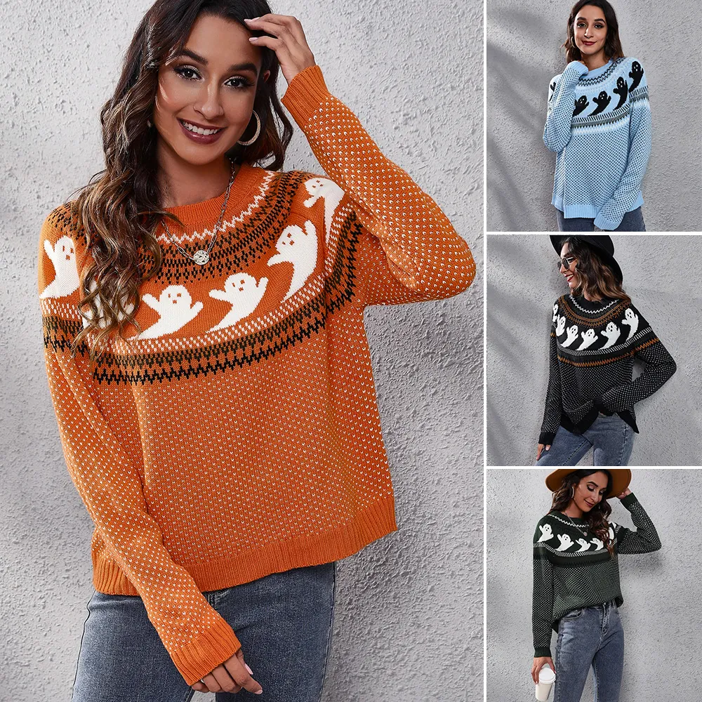 Women Vintage Oversized Knit Sweater Ghost Skull Jacquard Pattern Polka Dot Crewneck Long Sleeve Autumn Winter Fashion Top
