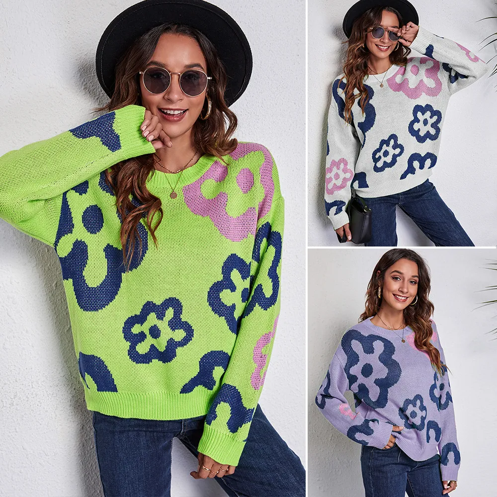Women Casual Acrylic Floral Jacquard Knitted Sweater Drop Shoulder Loose Round Neck Long Sleeve Top For Autumn Winter Streetwear