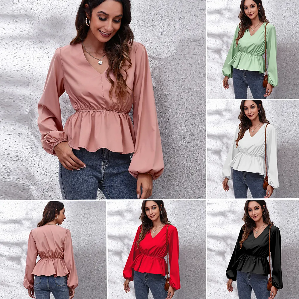 Damen Elegante Chiffonbluse mit V-Ausschnitt und Laternenärmeln Einfarbige Peplum-Taille Slim Fit Langarm-Pullover Top
