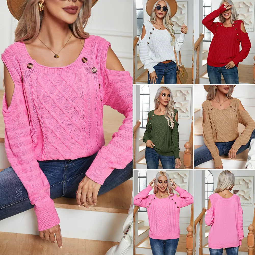 Women Cold Shoulder Square Neck Cable Knit Sweater Long Sleeve Button Decoration Pullover Solid Color Acrylic Knit Top