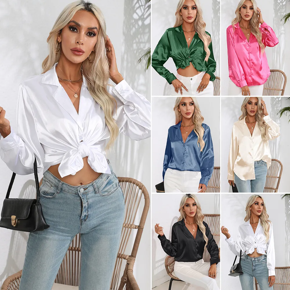 Damen Satin Polyester Reverskragen Langarm Bluse Elegantes Büro Damen Einfarbig Knöpfen Top Lässiges Hemd