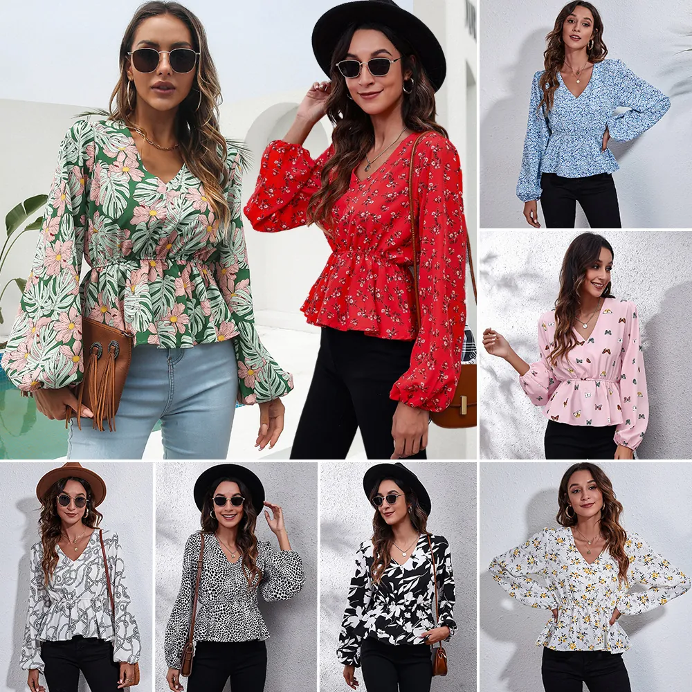 Women V Neck Lantern Sleeve Chiffon Blouse Elegant Printed Peplum Waist Top Spring Autumn Floral Plaid Leopard Print Shirt