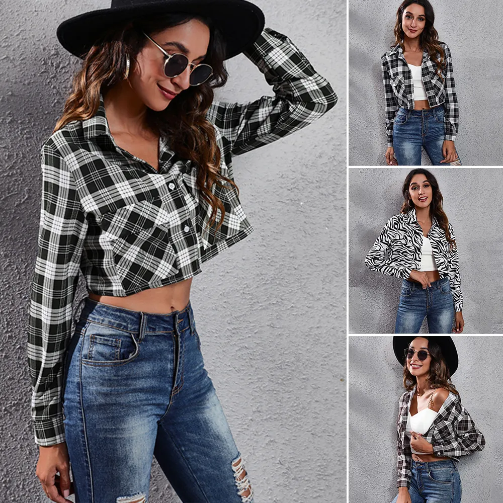 Dames Geruit Lange Mouw Gecropt Overhemd Mode Knoopsluiting Blouse Lichtgewicht Vest Jas Casual Streetwear Top