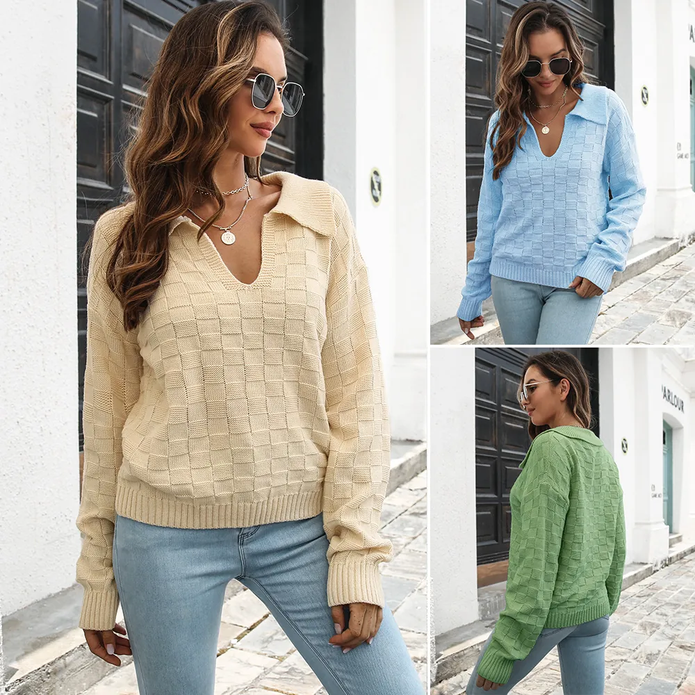 Maglione in Maglia di Acrilico Casual da Donna Vestibilità Larga Quadretti 3D Collo Polo a Revers Manica Lunga Autunno Inverno