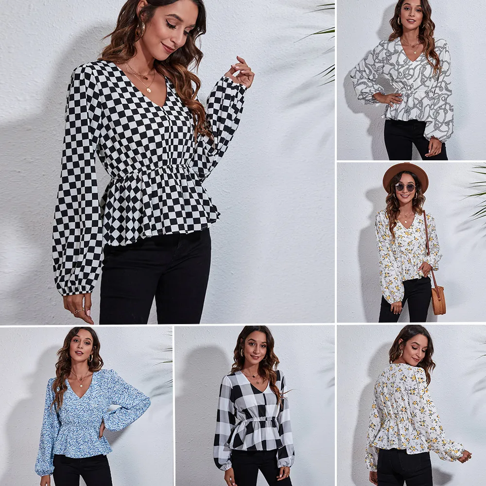 Elegant Women V Neck Peplum Top Lantern Long Sleeve Printed Blouse Loose Fit Casual Pullover Shirt Floral Plaid Pattern Tops