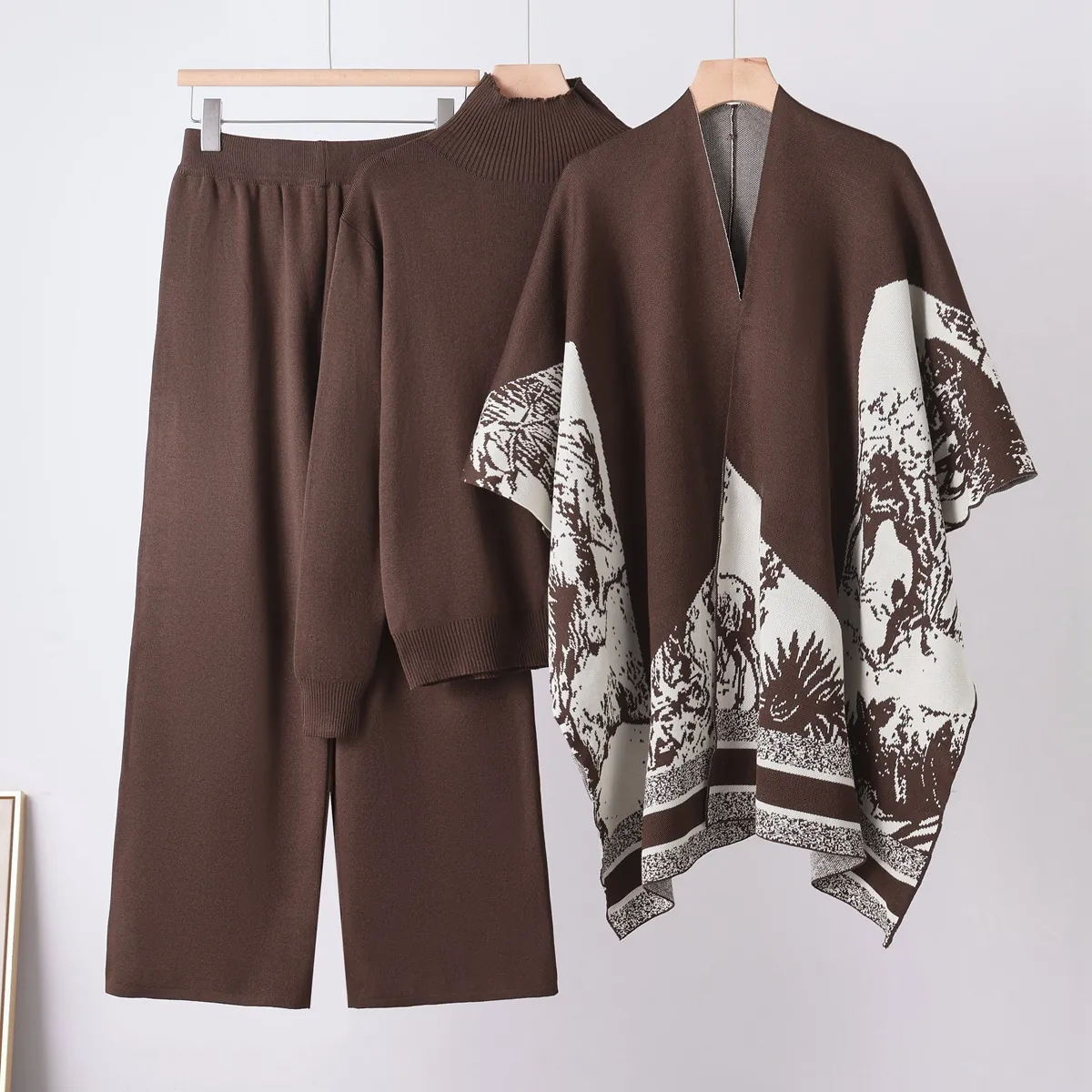 Womens Casual Jacquard Knit Three Piece Set Turtleneck Long Sleeve Sweater Wide Leg Pants Cardigan Shawl Outfit