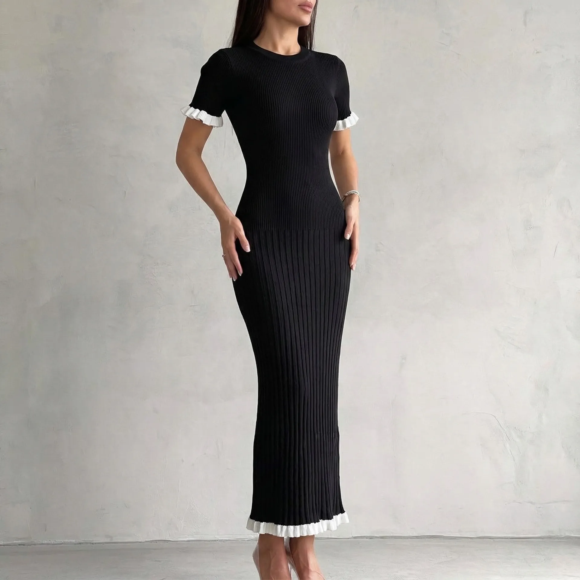 Women's Mercerized Cotton Knit Ribbed Slim Fit Maxi Dress With Contrast Ruffle Trim For Vacation Party