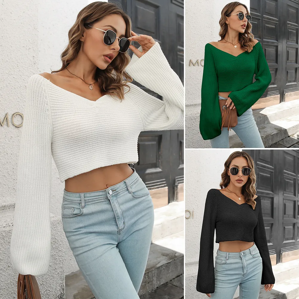 Damen V Ausschnitt Kurz Geschnitten Pullover Einfarbig Ausgestellte Ärmel Plissiert Strickwaren Top Herbst Winter