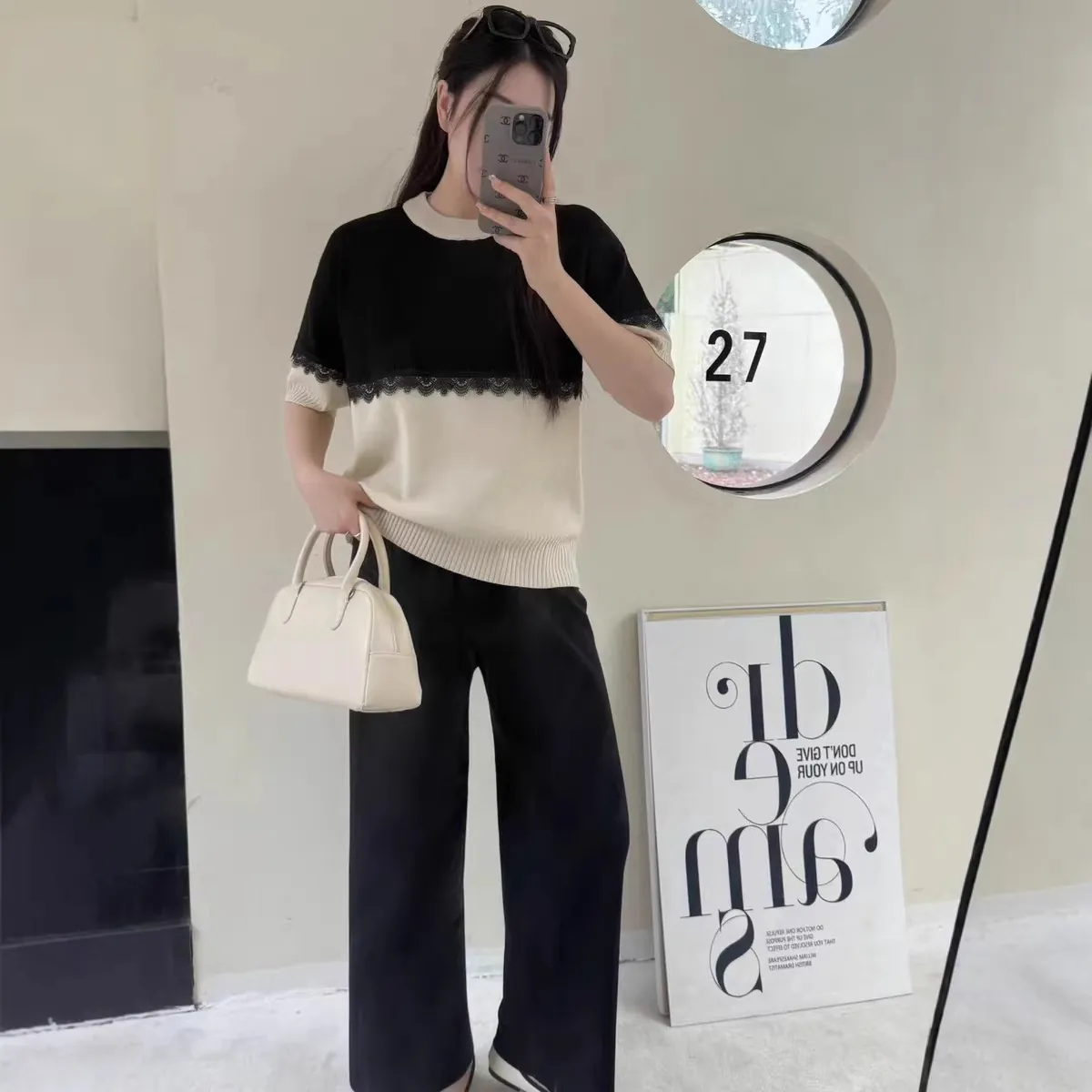 Damen Patchwork Strick Top Und Bottom Lässig Rundhals Spitze Patchwork Top Weites Bein Hose Koreanischer Stil Mode Loungewear