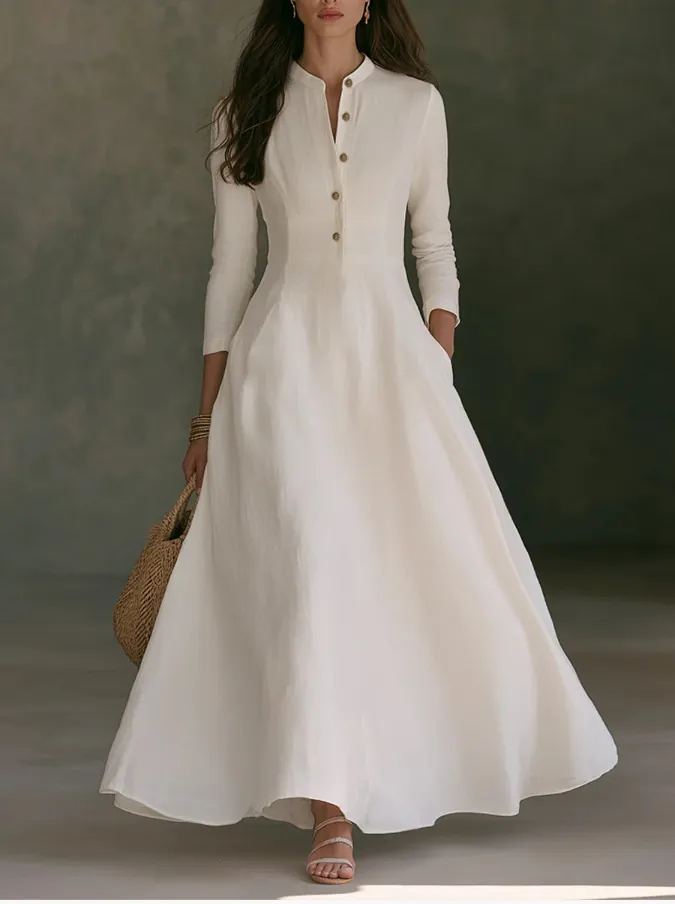 Women Linen Maxi Dress French Retro Stand Collar Half Placket Long Sleeve Big Swing Solid Color Elegant Long Dress