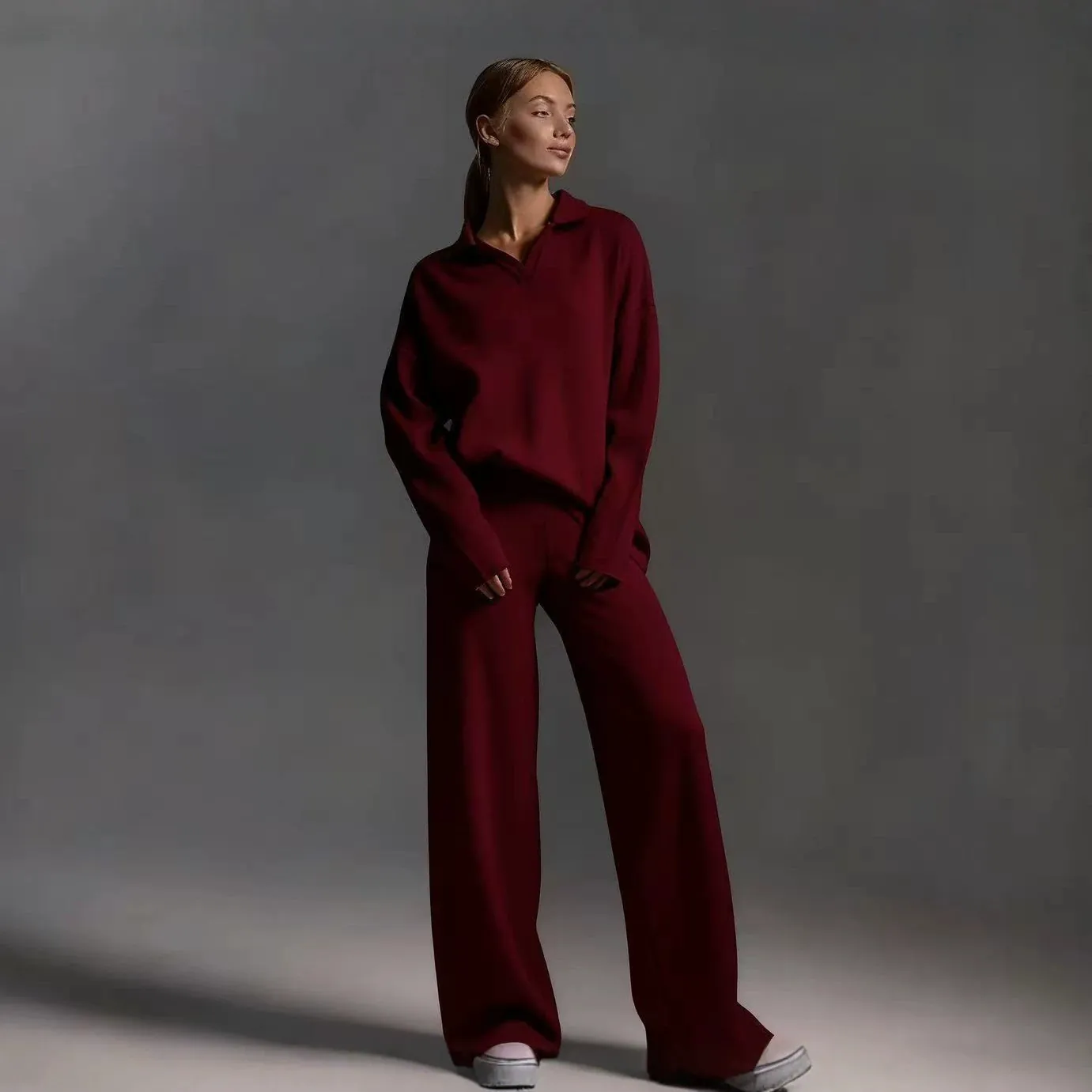 Damen Polokragen Strickpullover und Weite Hose Top und Bottom Set Einfarbig Herbst Winter Elegante Loungewear