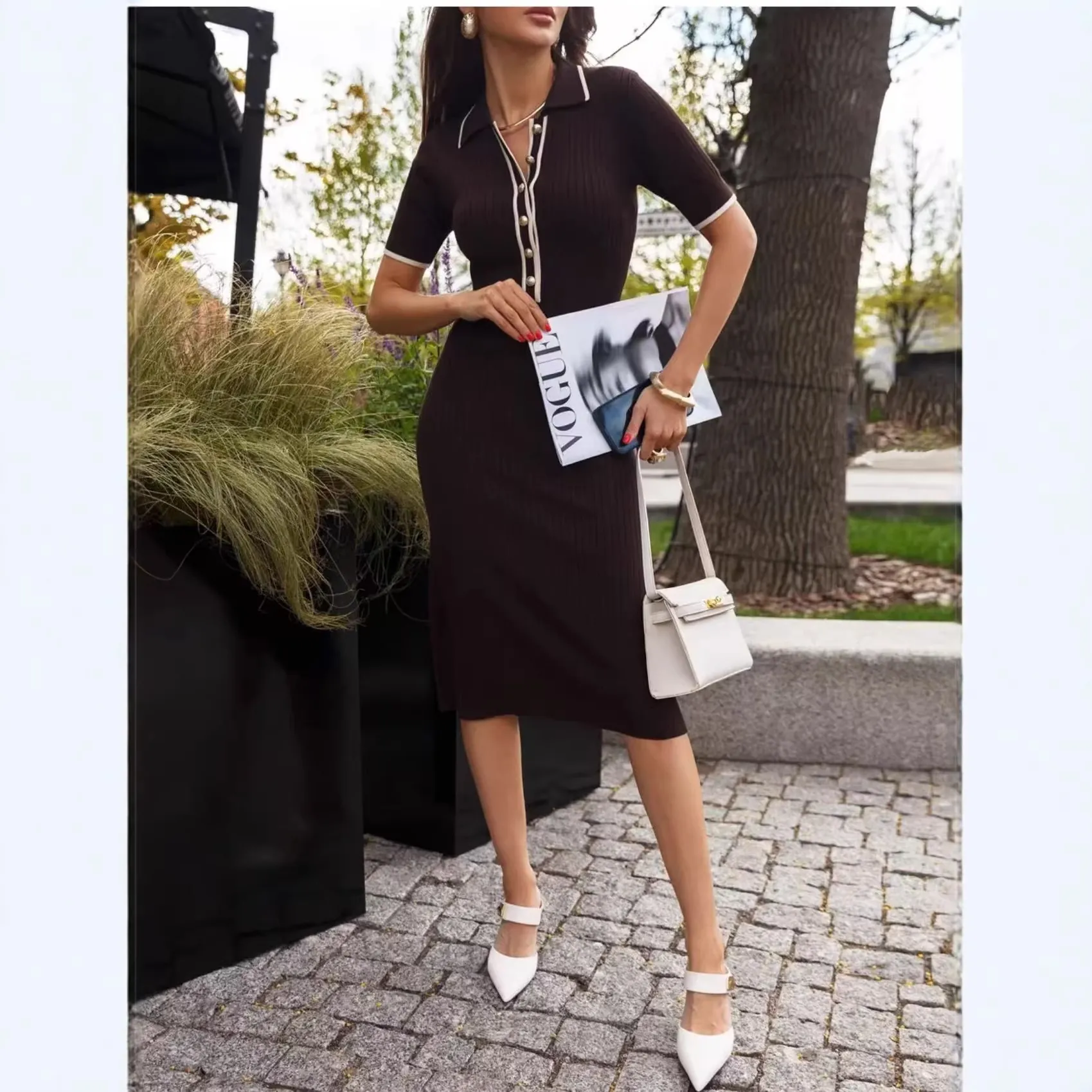 Robe Midi pour Femme en Tricot Côtes Contraste Col Polo Boutonnage Simple Manche Courte Coupe Ajustée Moulante Mélange Coton Robe Longue