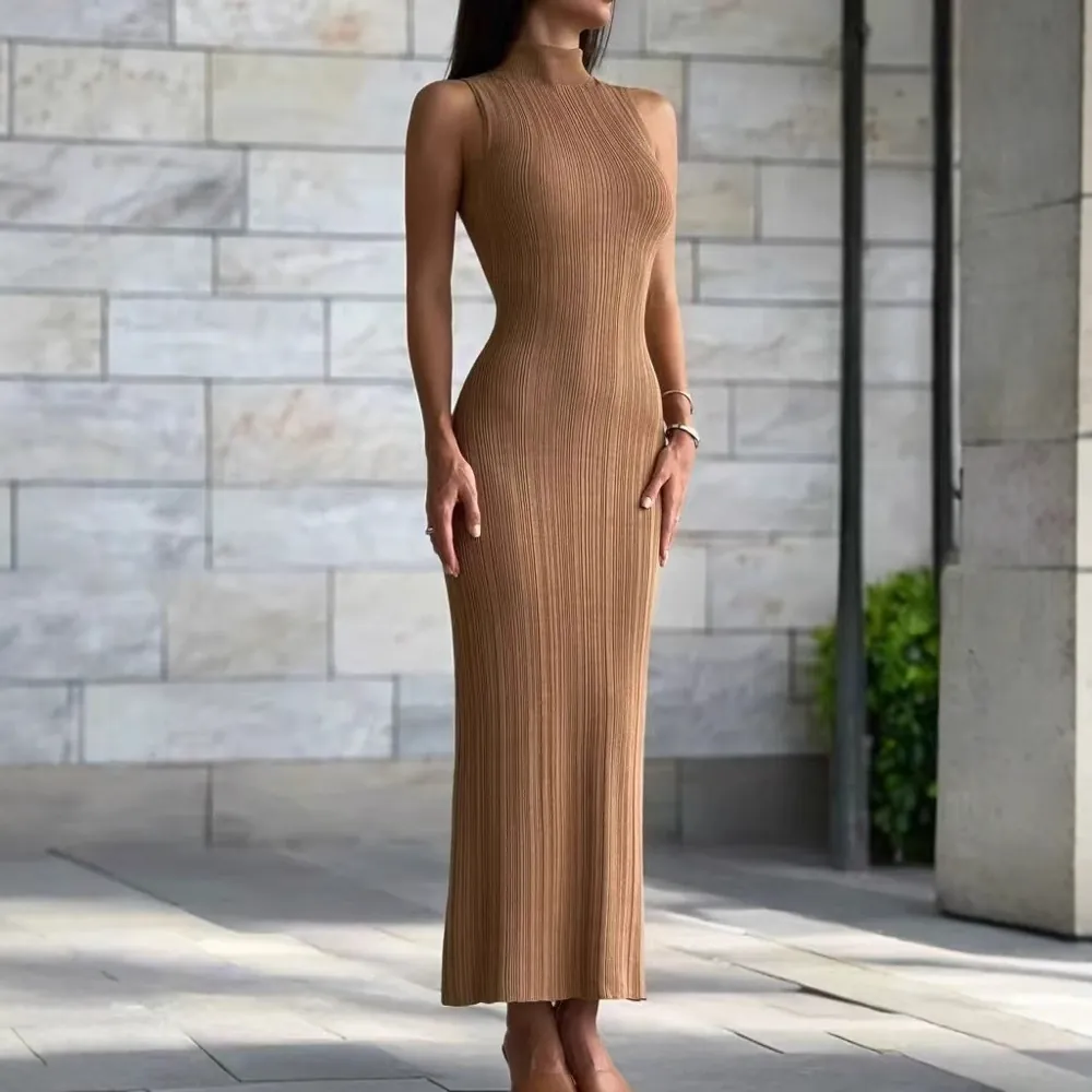 Women Elegant Ribbed Knit Maxi Dress High Neck Sleeveless And Long Sleeve Bodycon Long Dress Sexy French Style Summer Outfit