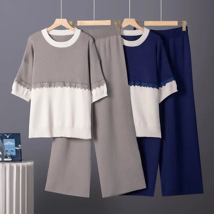 Top Y Pantalón De Punto Con Costuras En Contraste Para Mujer Jersey Casual Con Pantalones De Pierna Ancha Estilo Coreano Loungewear