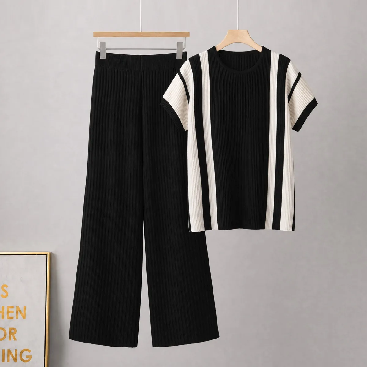 Womens Casual Viscose Knit Set Color Block Short Sleeve Top And Wide Leg Pants Elegant Loose Two Piece Outfit