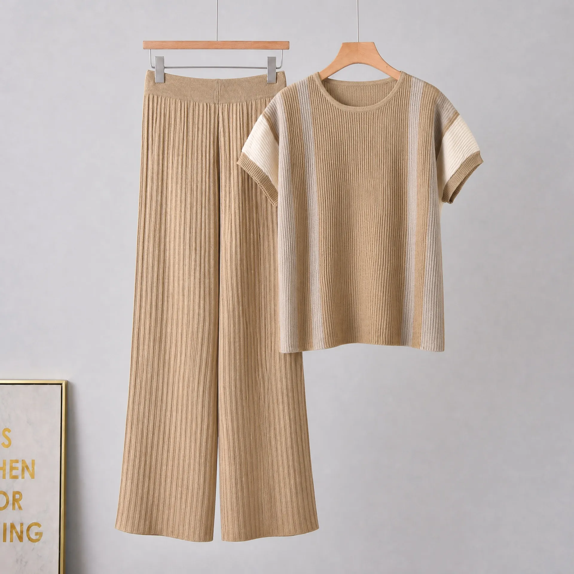 Damen Casual Plissiert Strick Set Farbfeld Kurzarm T-Shirt Und Weite Hose Zwei Teile Top Und Bottom Outfits