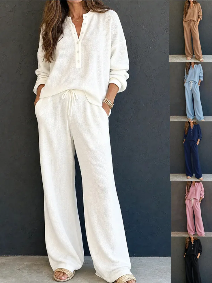 Women Waffle Knit Henley Neck Top and Wide Leg Pants Two Piece Loungewear Set Casual Loose Slouchy Vintage Outfits
