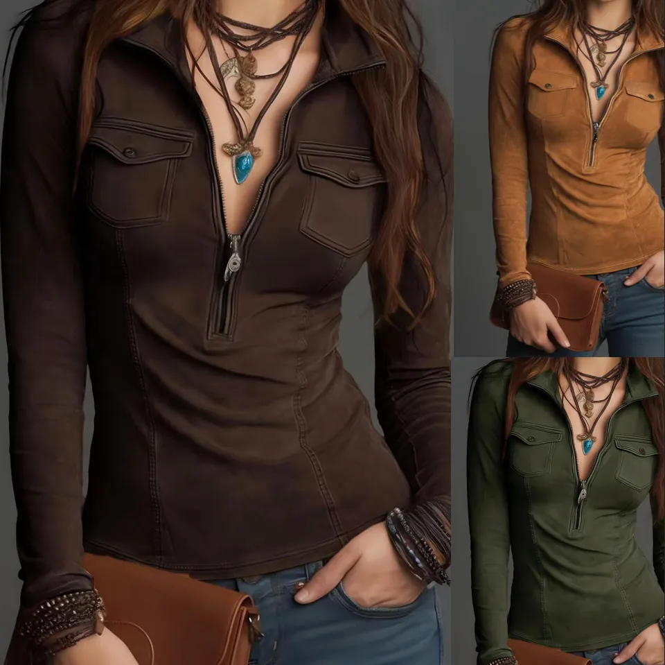 Damen Western Stil Vintage Cargo Top Slim Fit Halber Reißverschluss Stehkragen Langarm Wildleder Polyester Hemd Herbst Winter