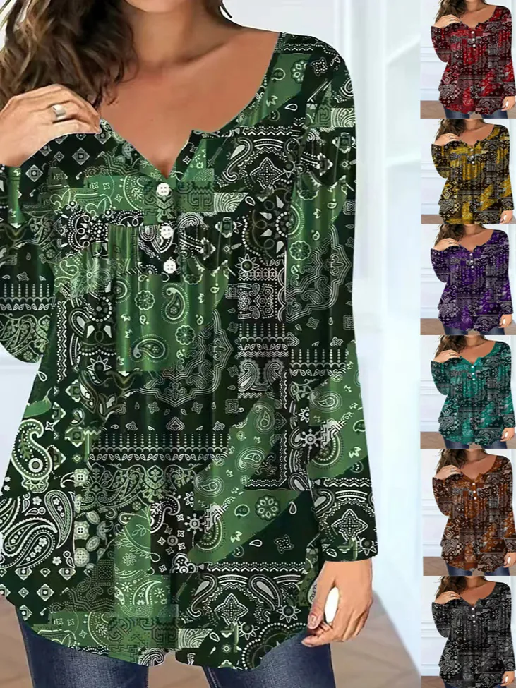 Women's Paisley Printed V-Neck Long Sleeve Top Plus Size Loose Button Up Polyester Blouse Bohemian Casual Autumn Shirt
