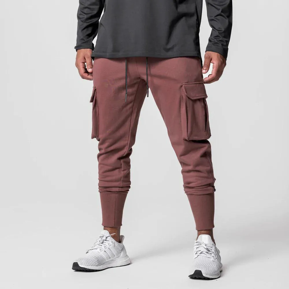 Men's European Size Multi-Pocket Cargo Joggers Slim Fit Cotton Blend Fitness Sports Pants Cuffed Hem Drawstring Bottom
