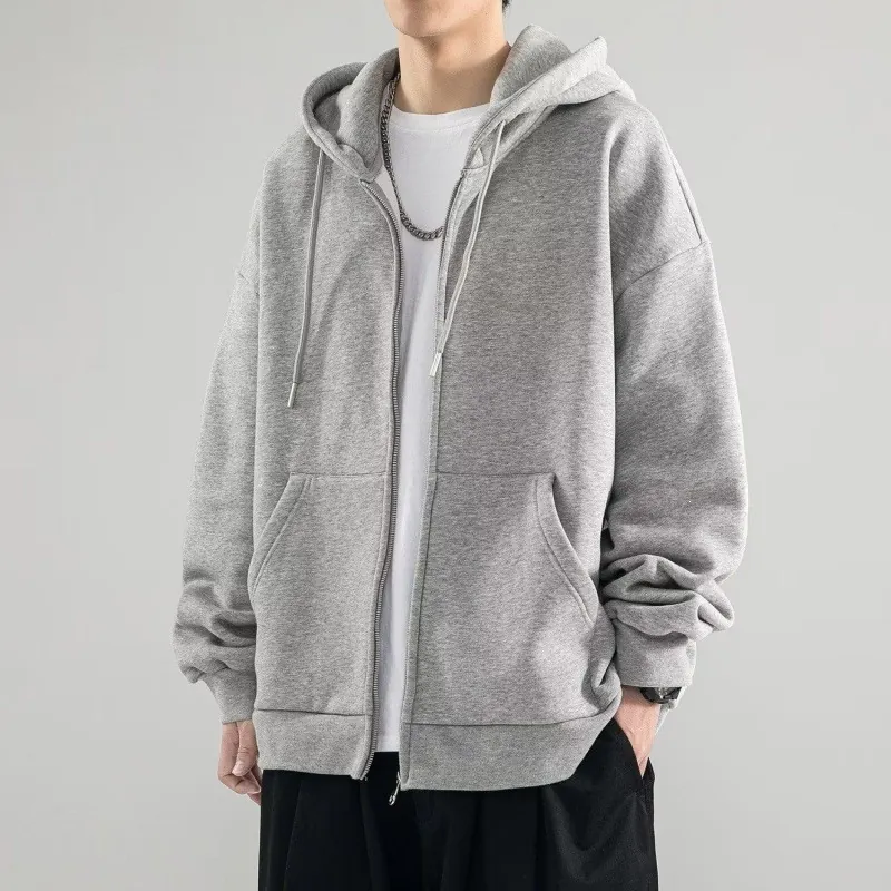 Sweat à Capuche Unisexe Oversized en Polyester Doublé Polaire Couleur Unie Large Zippé Sweat-Shirt Cardigan Top pour Hiver Automne