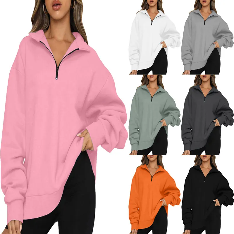 Women Half Zip Sweatshirt Casual Long Sleeve Top Solid Color Oversized Pullover European American Style Winter Fall Warm Top