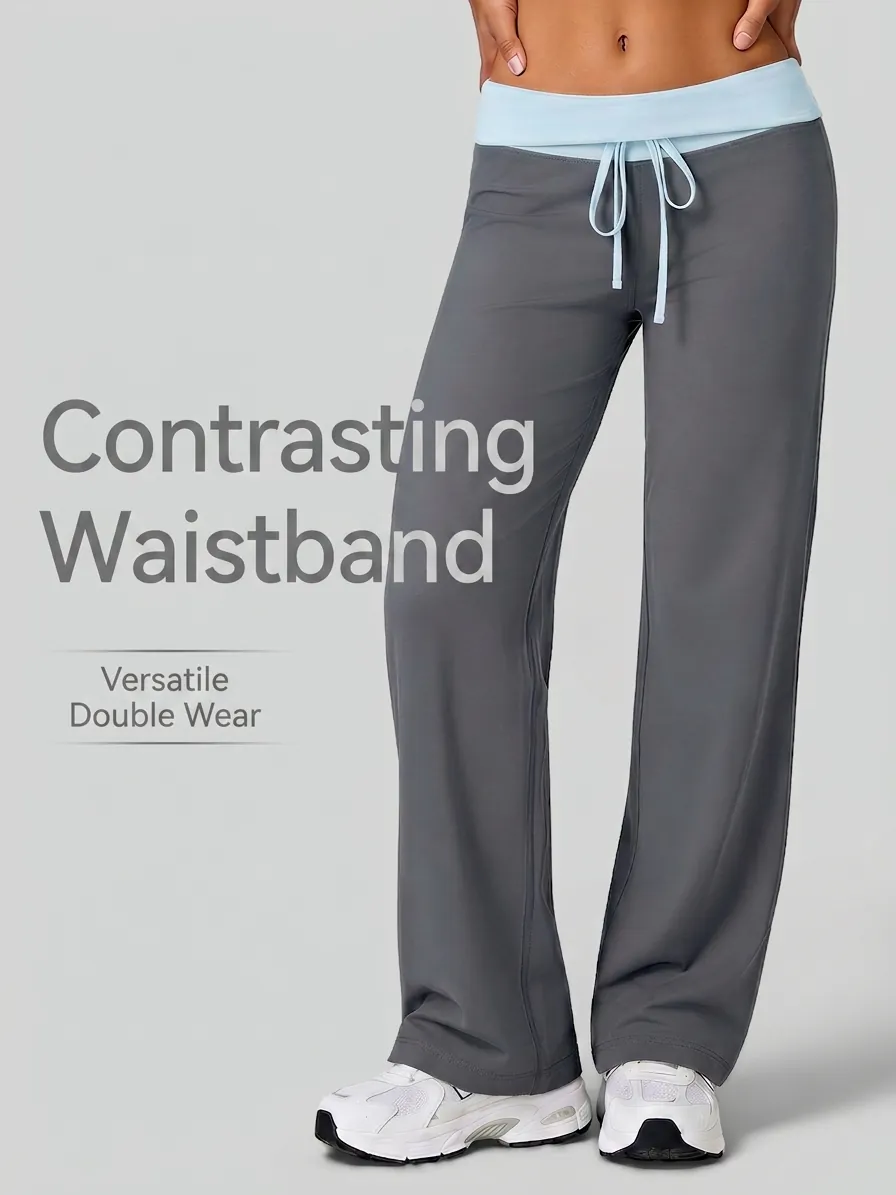 Women High Waist Fold-over Yoga Pants Contrast Color Drawstring Straight Leg Athletic Trousers For Gym Workout Casual Daily Wear Bottom