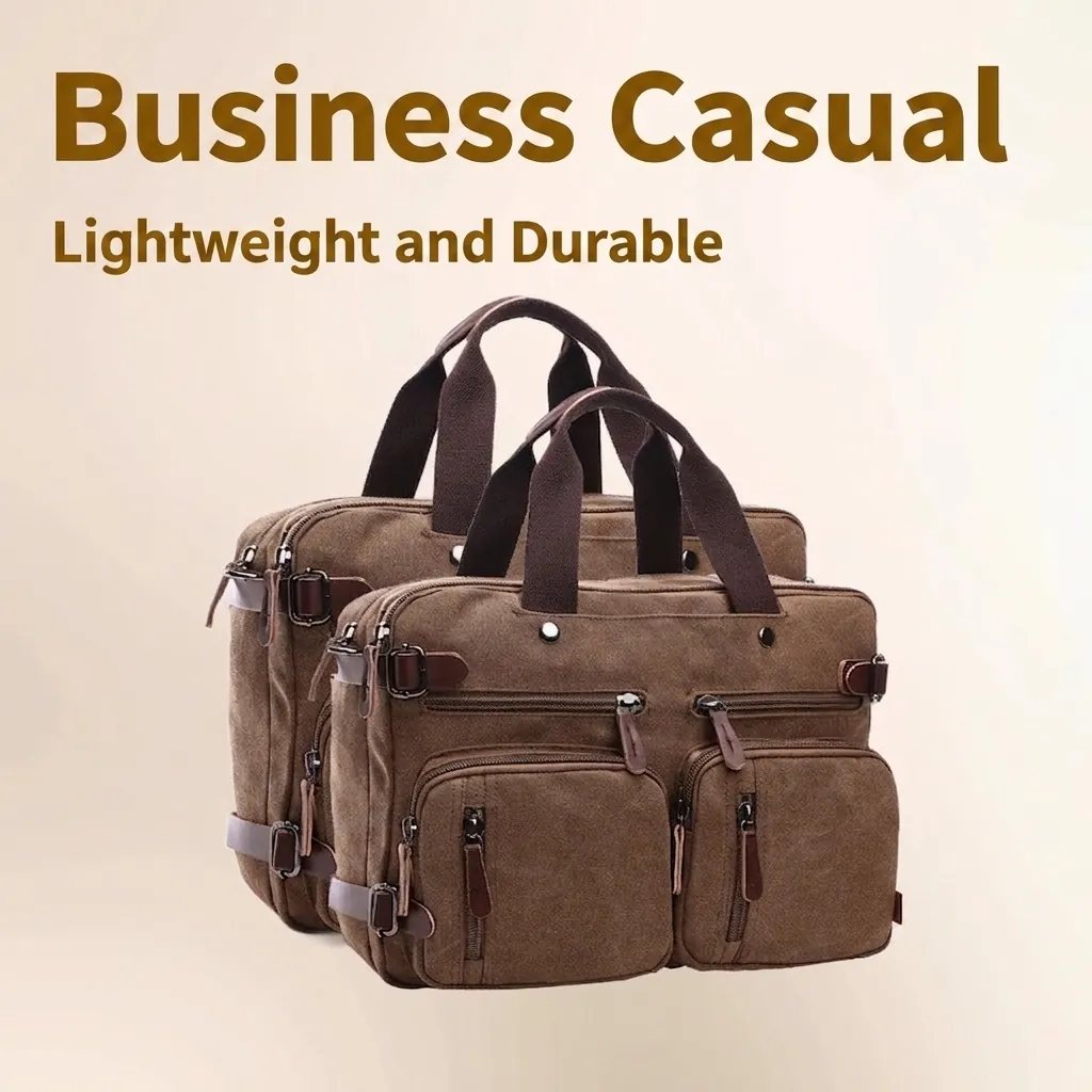 Men Canvas Briefcase Laptop Bag Multi-Pocket Business Travel Handheld Crossbody Backpack Retro Style Wear-Resistant