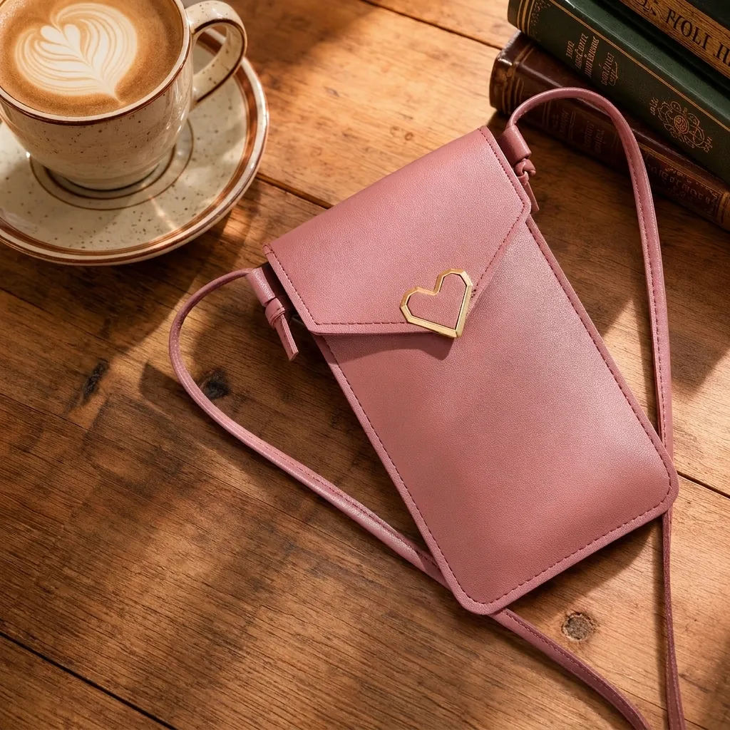 Women Crossbody Mobile Phone Bag Transparent Touchscreen PU Leather Mini Shoulder Purse Heart Buckle Retro Solid Color