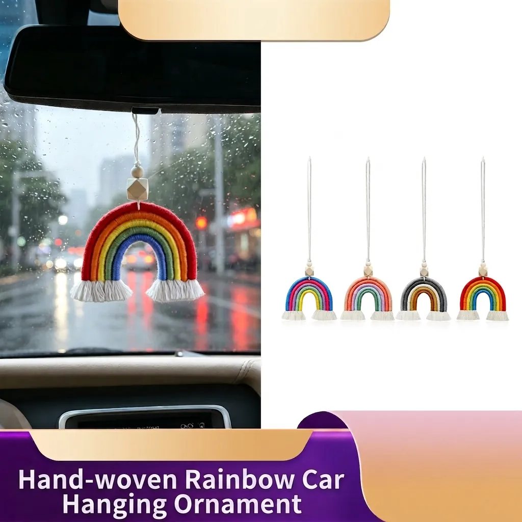 Handgemaakte Geweven Regenboog Auto Hanger Boheems Katoenen Touw Kwast Met Houten Kralen Tas Charme Decoratie