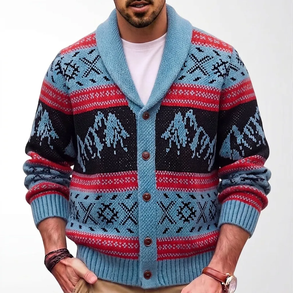 Herren Retro Ethno-Stil Jacquard Schalkragen Strickjacke Dicke Strickpullover Mantel Lässige Winter Warme Polyester Top