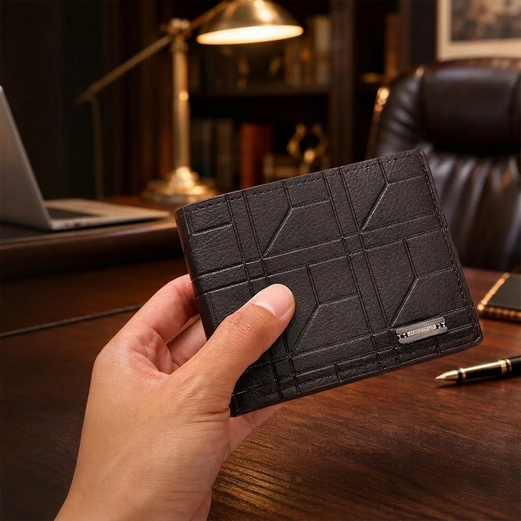 Portafoglio Bifold Da Uomo Morbida Pelle PU Trama Lychee Goffrata Geometrica Slot Per Carte Business Casual Portamonete Corto