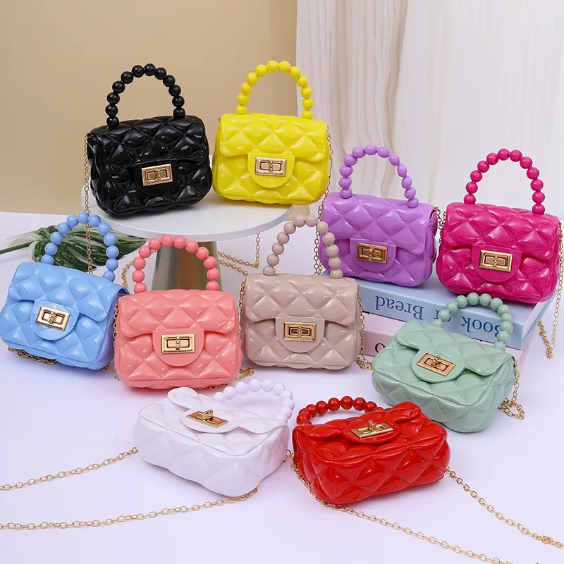 Damen Mode Mini Gesteppte Gelee Tasche Perlen Griff Kette Crossbody Handtasche PVC Kleine Quadratische Tasche