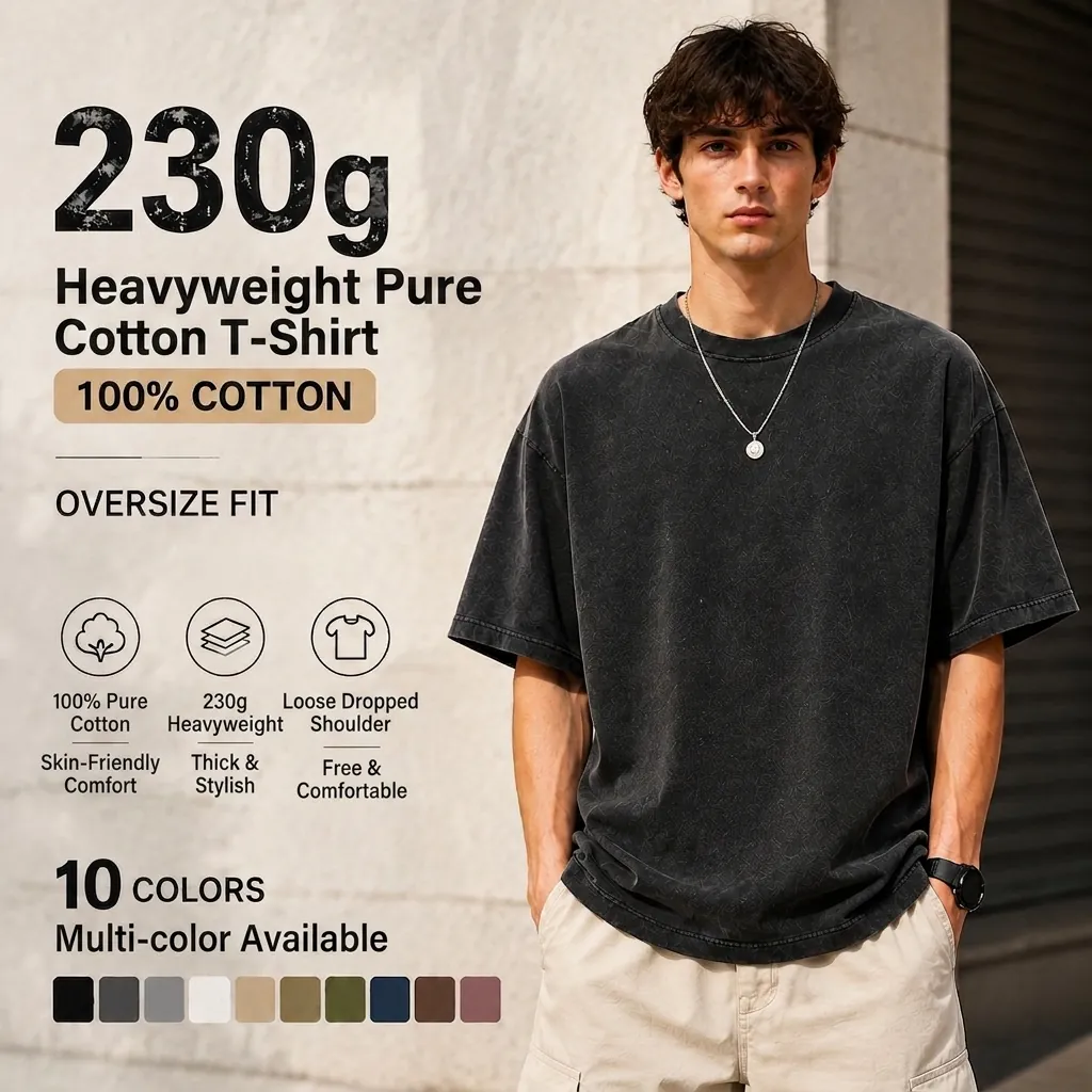 T-shirt pour Hommes en Coton Lourd Délavé Vintage Usé Coupe Large Haut à Manches Courtes Streetwear Américain Col Rond Décontracté